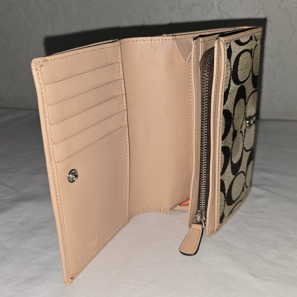 Coach Signature Canvas & Leather Khaki Brown Wallet Bifold Zip Coin Compartment - Picture 9 of 11
